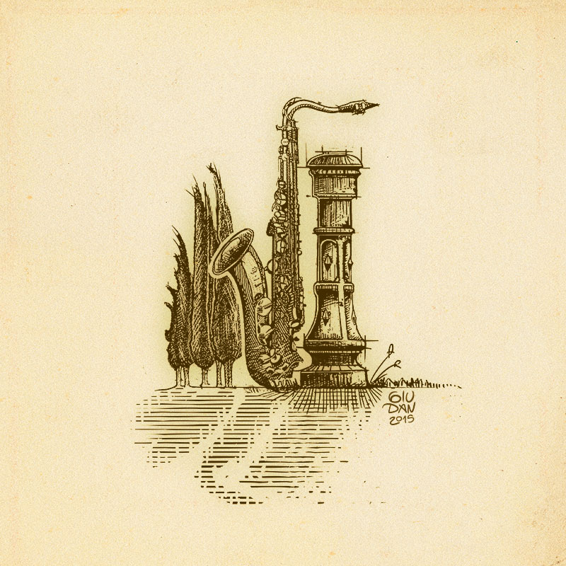 Cypress, fountain and sax engraving incisione